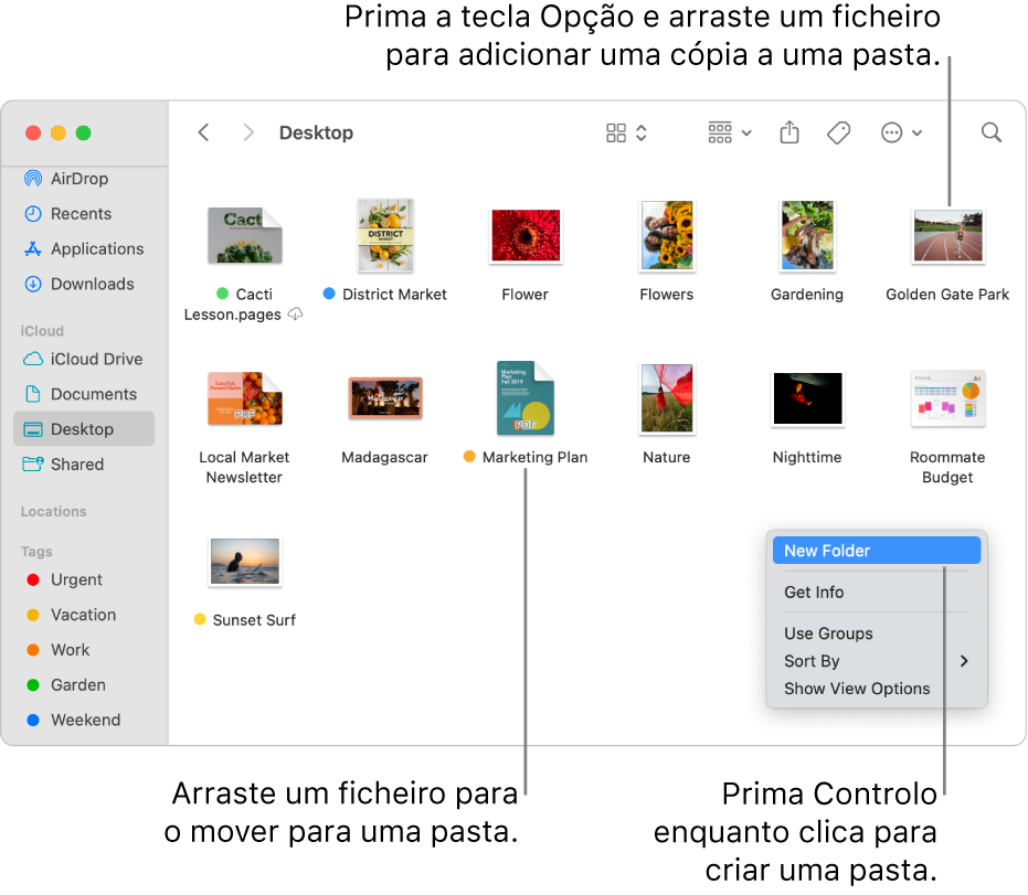 Uma janela do Finder com ficheiros e pastas. No menu de atalhos, o elemento “Nova pasta” está realçado.