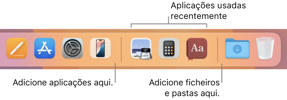 Uma parte da Dock a mostrar as linhas de separação entre aplicações, e aplicações, ficheiros e pastas utilizados recentemente.