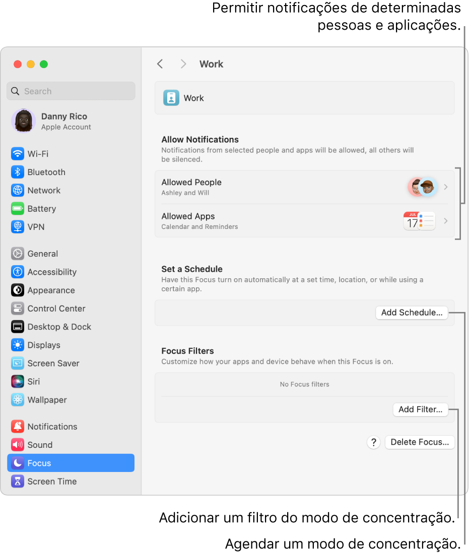 Definições de Concentração a mostrar as definições do modo de concentração Trabalhar. Na parte superior da lista está a lista de pessoas e aplicações cujas notificações são permitidas quando o modo de concentração Trabalhar está ativo.
