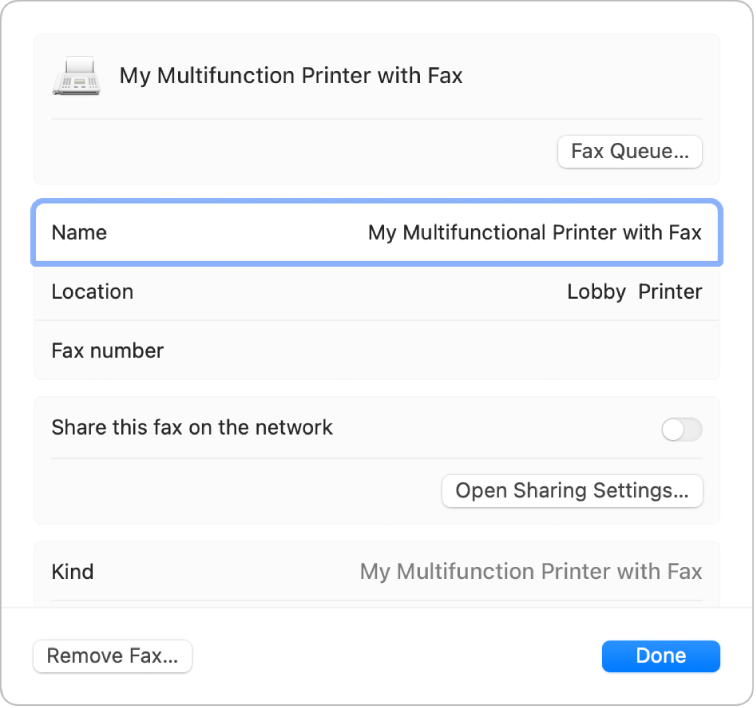 Opțiunile “Informații fax” din dialogul Tipărire afișând opțiunile pentru fax, precum numele, amplasarea, numărul de fax și partajarea faxului.  Butonul Coadă de faxuri este în partea de sus, iar butonul Elimină faxul se află în partea de jos.