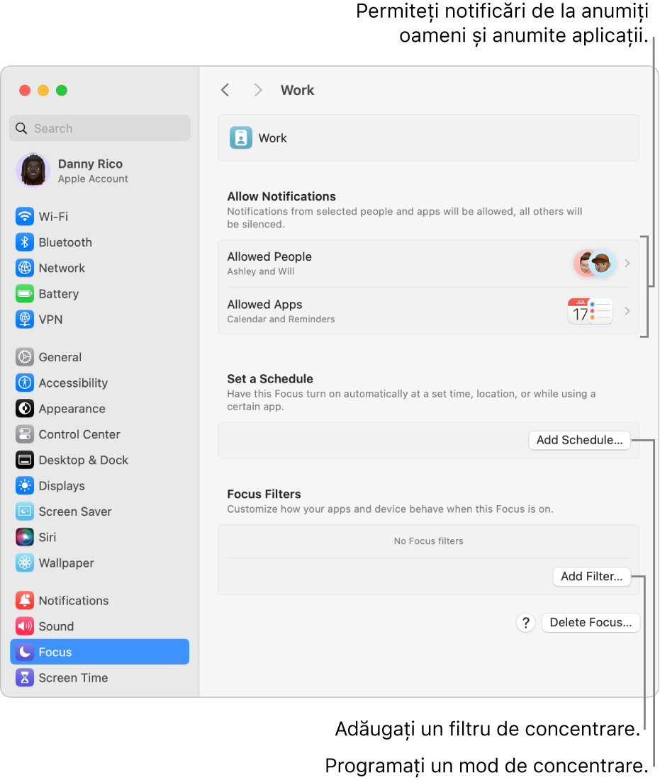 Configurările Concentrare, afișând configurările modul de concentrare Muncă. În partea de sus se află lista persoanelor și aplicațiilor ale căror notificări sunt permise când modul de concentrare Muncă este activ.