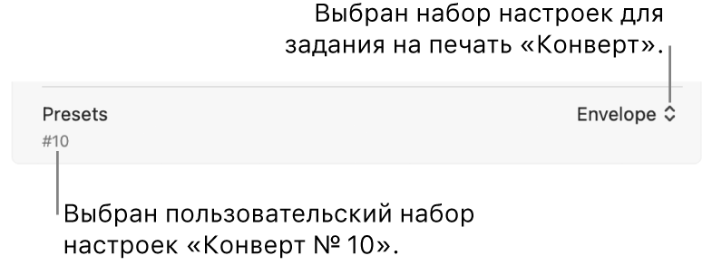 Раздел «Наборы настроек» диалогового окна «Печать» с выбранным набором настроек для задания на печать на конверте и набором настроек, созданным пользователем, для формата конверта #10.