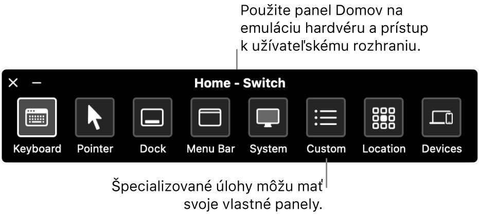 Domovský panel Switch Control obsahujúci (zľava doprava) tlačidlá na ovládanie klávesnice, kurzora, Docku, lišty, systémového ovládania, vlastných panelov, umiestnenia obrazovky a ostatných zariadení.