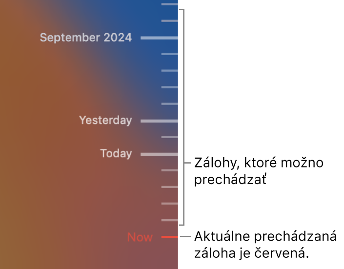 Značky na časovej osi záloh. Červená značka označuje zálohu, ktorú si prezeráte.