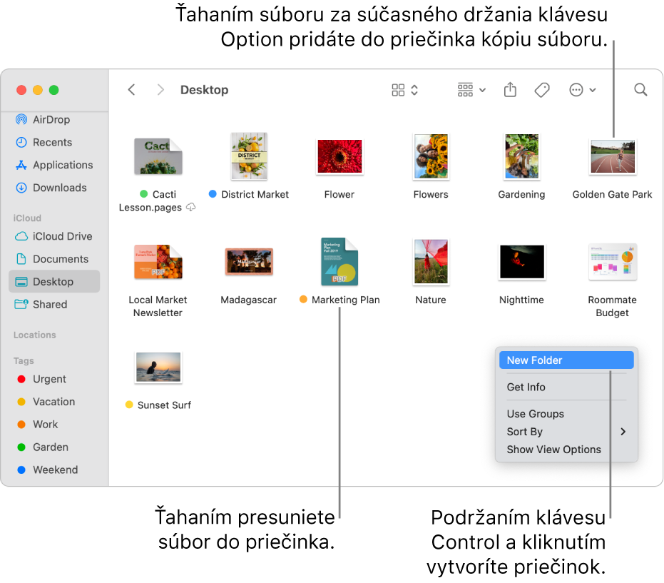 Okno Findera obsahujúce súbory a priečinky. V menu skratiek je zvýraznená možnosť Nový priečinok.