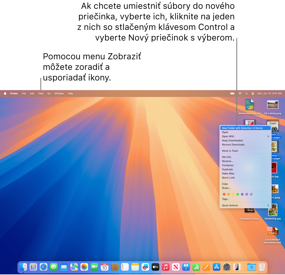 Plocha zobrazujúca súbory a priečinky. Vybratých je niekoľko súborov, ktoré sa umiestnia do nového priečinka. Kliknutie so stlačeným klávesom Control na vybratý súbor zobrazuje vyskakovacie menu a vybratý je Nový priečinok s výberom.