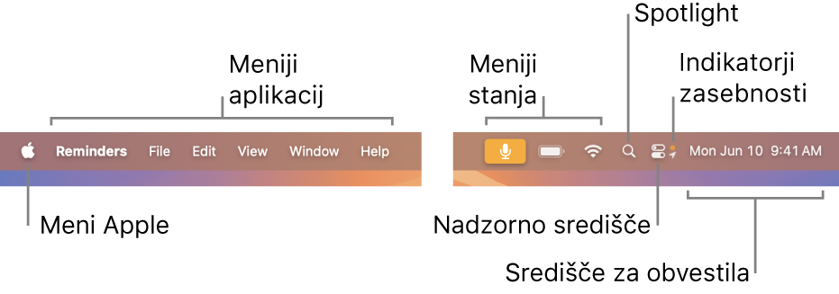 Menijska vrstica. Na levi strani so meni Apple in meniji aplikacij. Na desni strani so meniji stanja, pripomoček Spotlight, Nadzorno središče, indikatorji zasebnosti in Središče za obvestila.