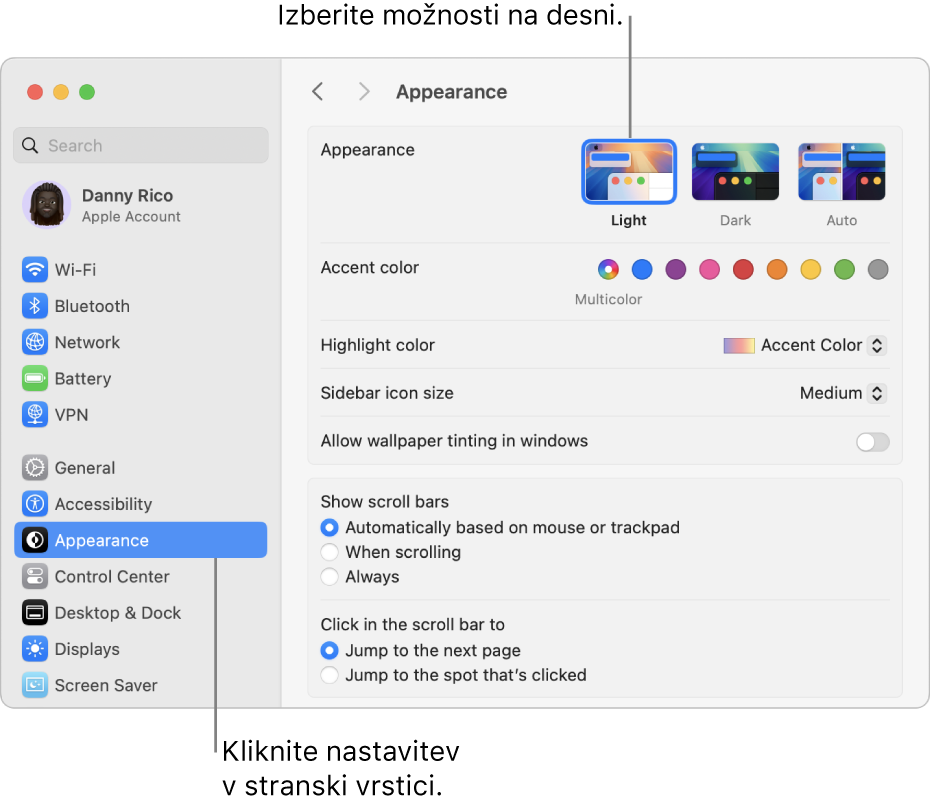 Okno Nastavitev sistema z izbranimi nastavitvami Videz v stranski vrstici in možnostmi videza na desni.