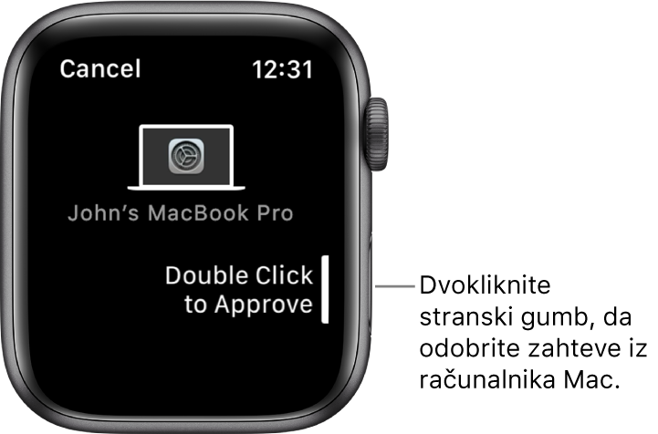 Ura Apple Watch, ki prikazuje zahtevo za odobritev iz računalnika MacBook Pro.