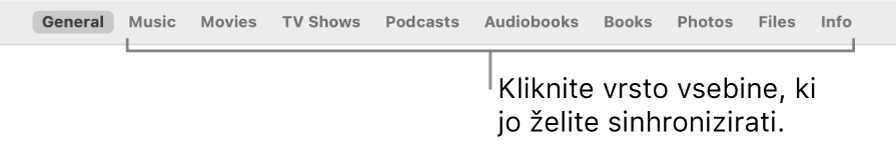 Vrstica z možnostmi na vrhu okna prikazuje vrste vsebin, ki jih lahko sinhronizirate.
