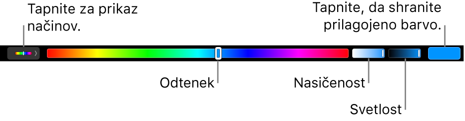 Vrstica Touch Bar prikazuje drsnike za odtenek, nasičenost in svetlost za način HSB. Na levem koncu je gumb s prikazom vseh načinov, na desnem pa gumb za shranjevanje barve po meri.