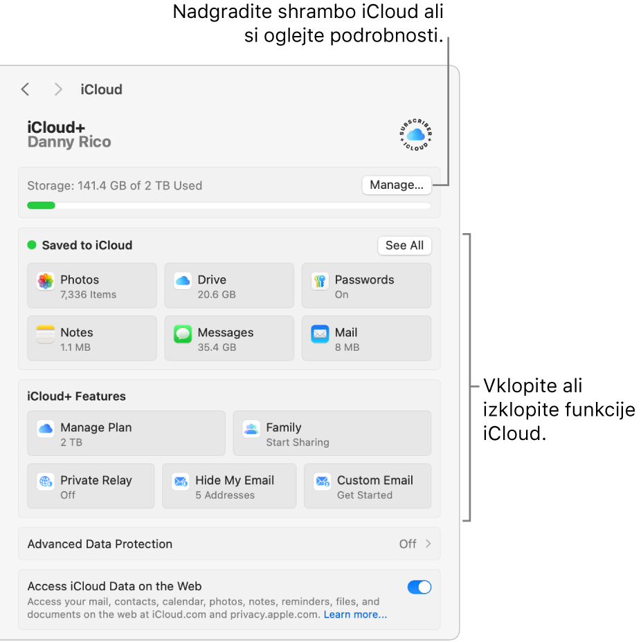 Nastavitve storitve iCloud, v katerih so vklopljene vse funkcije.