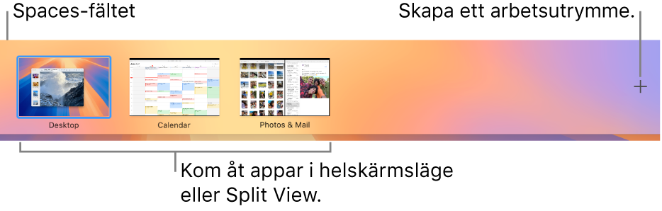 Spaces-fältet med en skrivbordsyta, appar i helskärmsläge och i Split View samt lägg till-knappen för att skapa ett skrivbord.