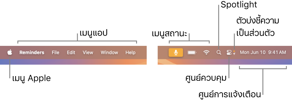 แถบเมนู ทางด้านซ้ายคือเมนู Apple และเมนูแอป ทางด้านขวาคือเมนูสถานะ, Spotlight, ศูนย์ควบคุม, ตัวแสดงสถานะความเป็นส่วนตัว และศูนย์การแจ้งเตือน