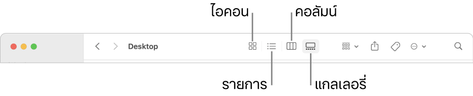 ด้านบนสุดของหน้าต่าง Finder ที่แสดงปุ่มตัวเลือกมุมมองสำหรับโฟลเดอร์