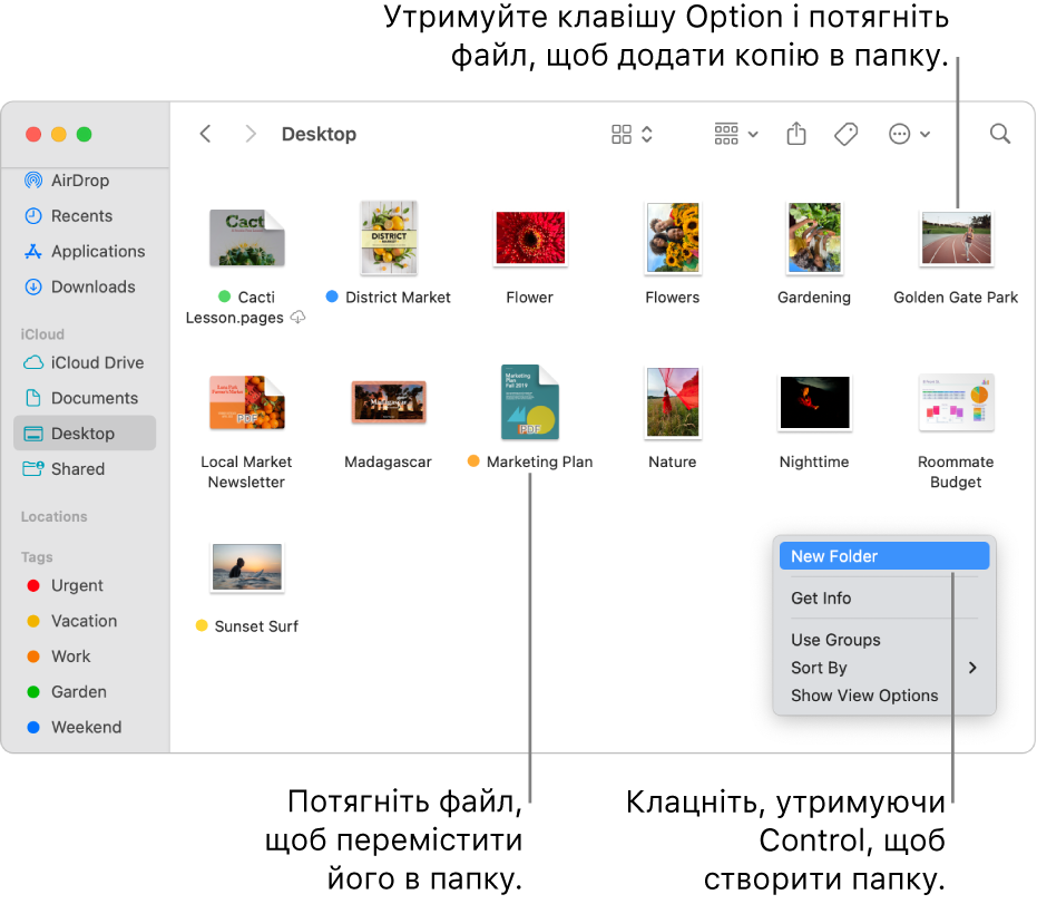 Вікно Finder із файлами та папками. У контекстному меню виділено елемент «Нова папка».