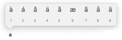 Меню із символами зі знаком наголосу для літери «а» відображає кілька її варіацій.