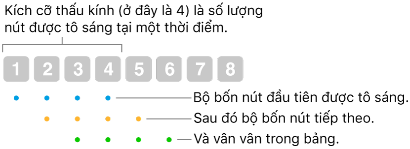 Hình minh họa cách tùy chọn Trượt & bước hoạt động: Một nhóm bốn nút (kích cỡ ống kính) được tô sáng rồi nhóm bốn nút tiếp theo và cứ thế, theo thứ tự gối chồng lên nhau.