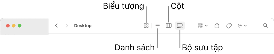 Thanh công cụ Finder đang hiển thị các nút tùy chọn Xem cho thư mục.