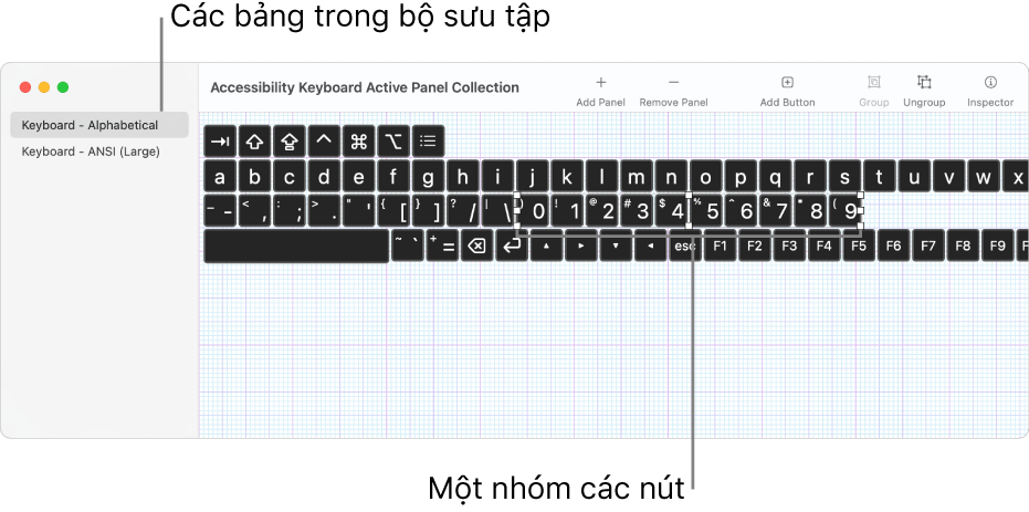 Một phần của cửa sổ bộ sưu tập bảng hiển thị danh sách các bảng bàn phím ở bên trái và, ở bên phải, các nút và nhóm có trong bảng.