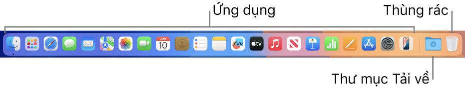 Dock đang hiển thị các biểu tượng cho các ứng dụng, ngăn xếp Tải về và Thùng rác.