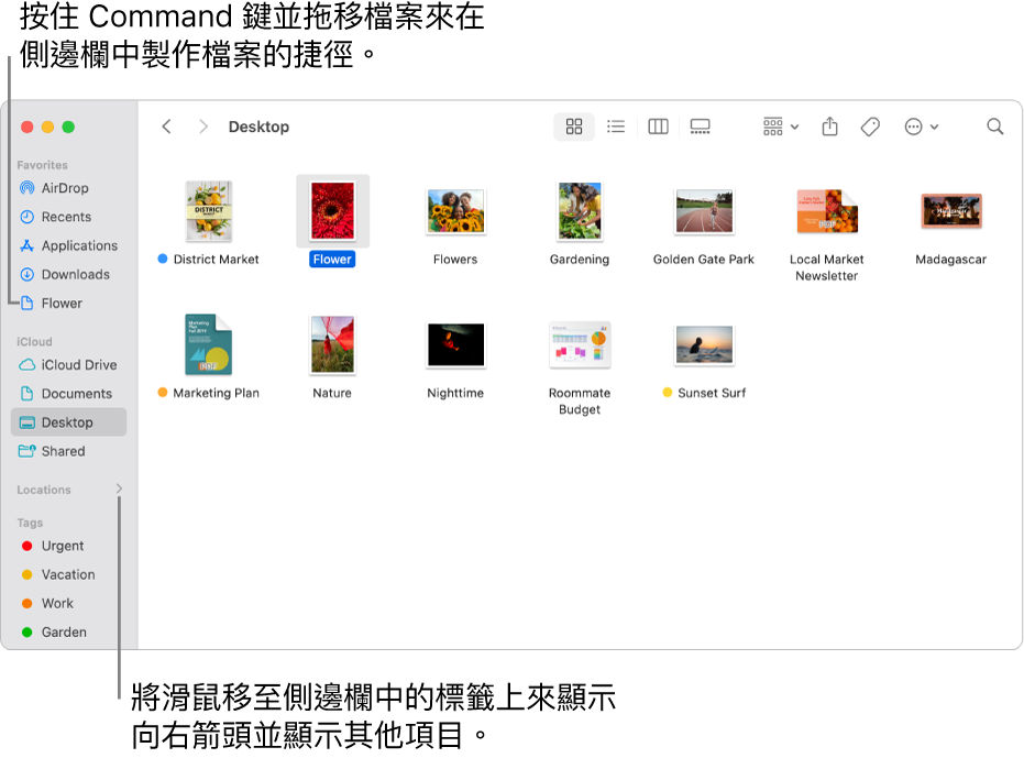 Finder 側邊欄中「位置」的右側為可按一下來顯示其他項目的箭頭。在右側 Finder 視窗中，選取了一個檔案，而在側邊欄中、「喜好項目」的下方為檔案的捷徑。