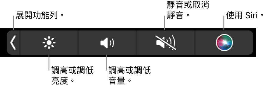 收合的功能列包含以下操作的按鈕：由左至右依序是展開功能列、增加或減少顯示器亮度和音量、靜音或取消靜音以及使用 Siri。