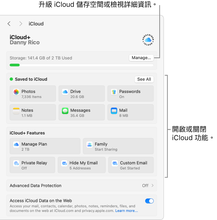 已開啟所有功能的 iCloud 設定。