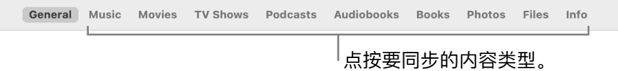 窗口顶部的一行选项，显示你可以同步的内容类型。