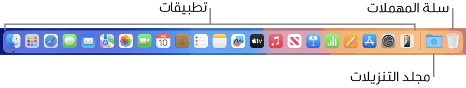 يُظهر شريط الأيقونات أيقونات التطبيقات، ومكدس التنزيلات، وسلة المهملات.