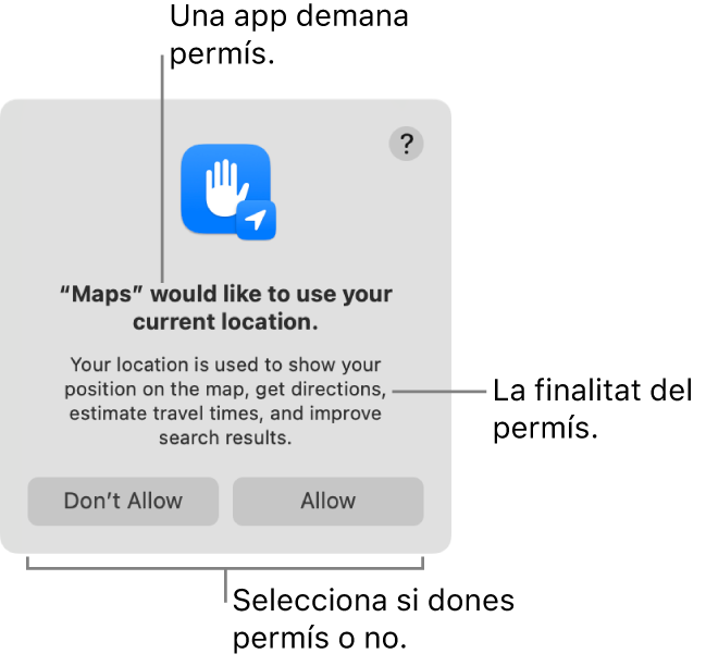 L’app Mapes demanant permís per fer servir la teva ubicació actual.