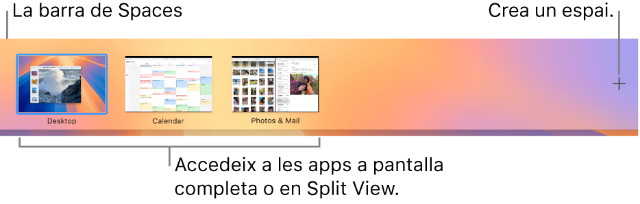 La barra de Spaces, que mostra un espai d’escriptori, apps a pantalla completa i en Split View i el botó d’afegir per crear un espai.