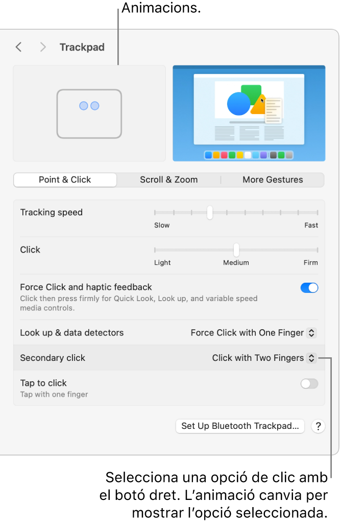 A la finestra “Trackpad” de la configuració del sistema, l’opció del clic secundari està definida en “Clic amb dos dits” i se’n mostra l’animació.