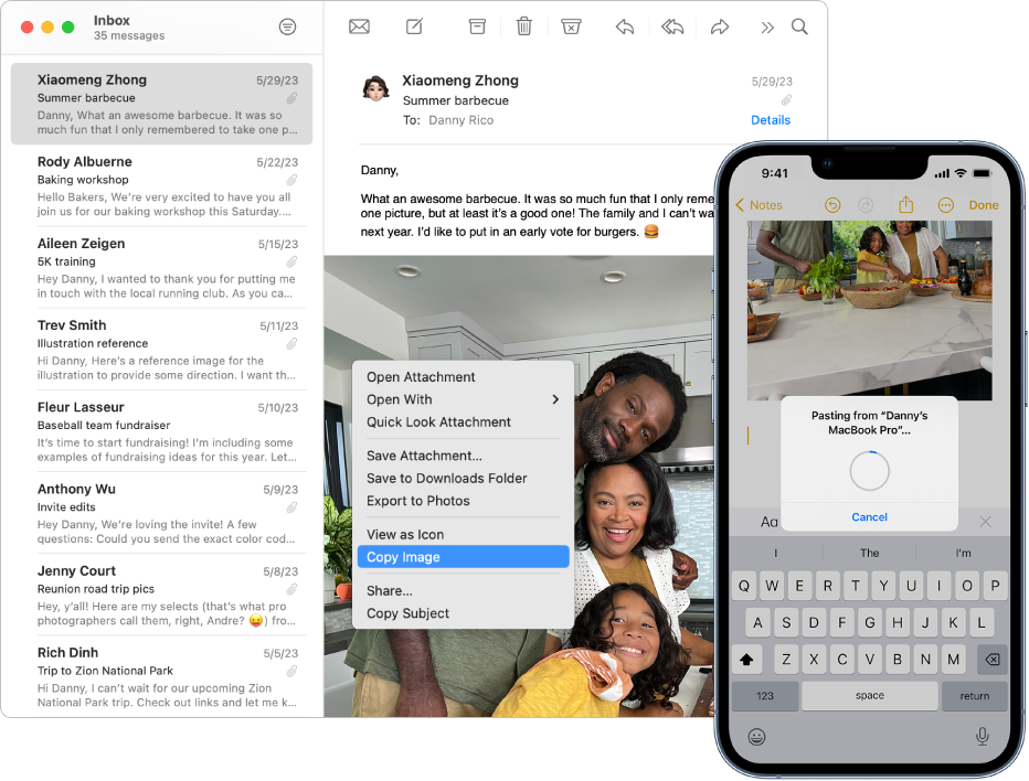 Mail-vinduet på en Mac er åbent og viser en e-mail, der indeholder et foto. Oven på fotoet er der en genvejsmenu, og Kopier billede er valgt. Til højre vises en iPhone, hvor det samme billede indsættes i en note.