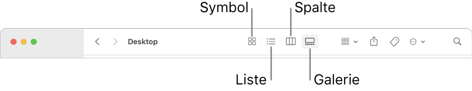 Der obere Bereich eines Finder-Fensters mit den Tasten für die Anzeigeoptionen eines Ordners.