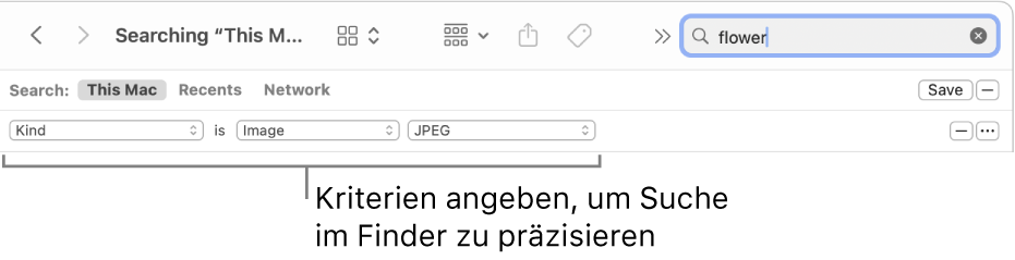 Ein Finder-Fenster mit Feldern zum Festlegen der Suchkriterien