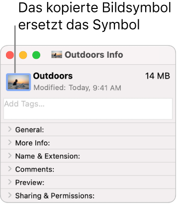 Das Fenster „Informationen“ eines Ordners mit dem ersetzten allgemeinen Ordnersymbol.