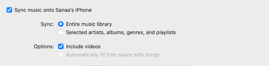 The “Sync music onto device” tick box appears with additional options for syncing your entire library or only selected items and including videos in the syncing process.