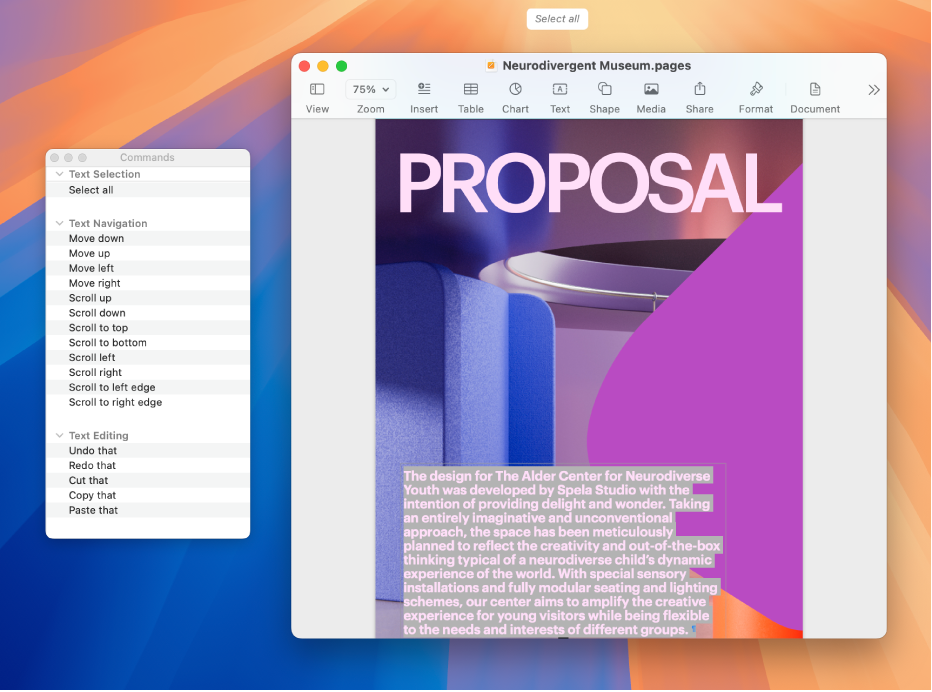 The Voice Control Commands window next to a Pages document. The Commands window lists commands for working with text. The feedback window shows the “Select all” command being used to select text in the document.