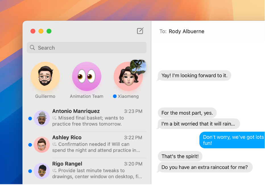 A Messages app window on Mac showing summarised conversations on the left.