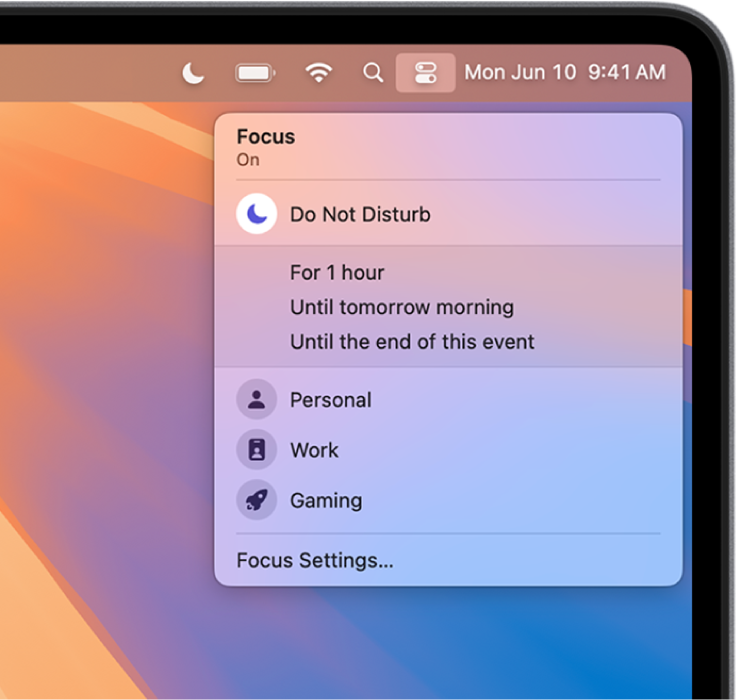 The Focus status menu open to show the Focus list, including Personal, Work, Study and others. Do Not Disturb is at the top of the list and is on for one hour.