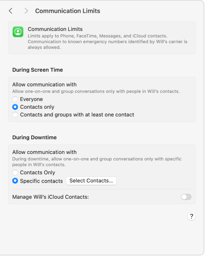 Communication Limits settings in Screen Time with options for allowing communication during screen time and downtime.