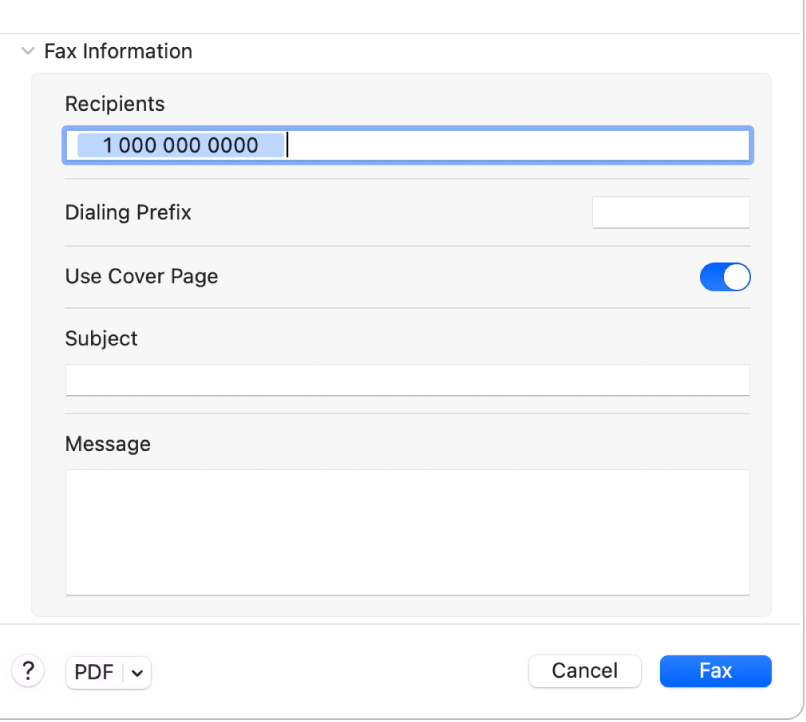 The Fax information options in the Print dialogue showing the Recipients field, Dialling Prefix, Use Cover Page option, Subject field, Message field and Fax button.