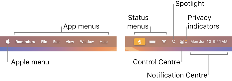 The menu bar. On the left are the Apple menu and app menus. On the right are status menus, Spotlight, Control Centre, privacy indicators and Notification Centre.