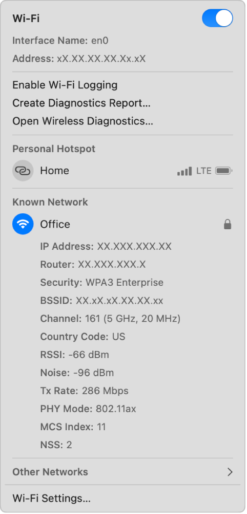 The Wi-Fi status menu, showing details about the Wi-Fi connection.