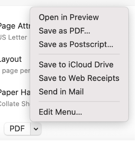 The PDF pop-up menu showing the PDF commands, including Save as PDF.