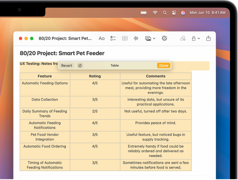 A Notes app window on Mac showing selected text. Writing Tools has reorganized the note in table form. Options to Revert or Show original show in the Writing Tools menu.