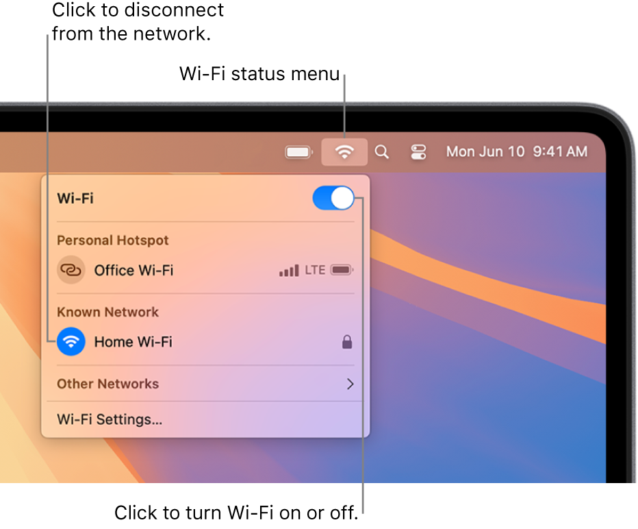 The Wi-Fi status menu, showing the Wi-Fi on/off button, a Personal Hotspot, and known networks.