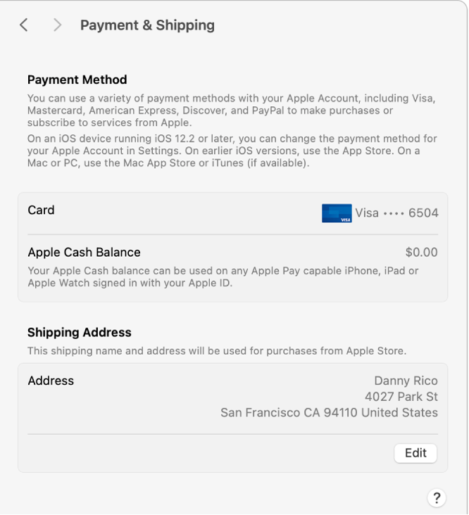 Apple Account settings showing the Payment & Shipping settings for an existing account.