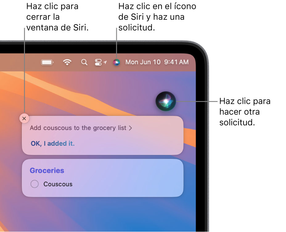 La porción superior derecha del escritorio de una Mac mostrando el ícono de Siri en la barra de menú y la ventana de Siri con la petición “Agrega arroz a la lista del súper” junto con la respuesta. Haz clic en el ícono en la parte superior derecha de la ventana de Siri para hacer otra solicitud. Haz clic en el botón Cerrar para descartar la ventana de Siri.